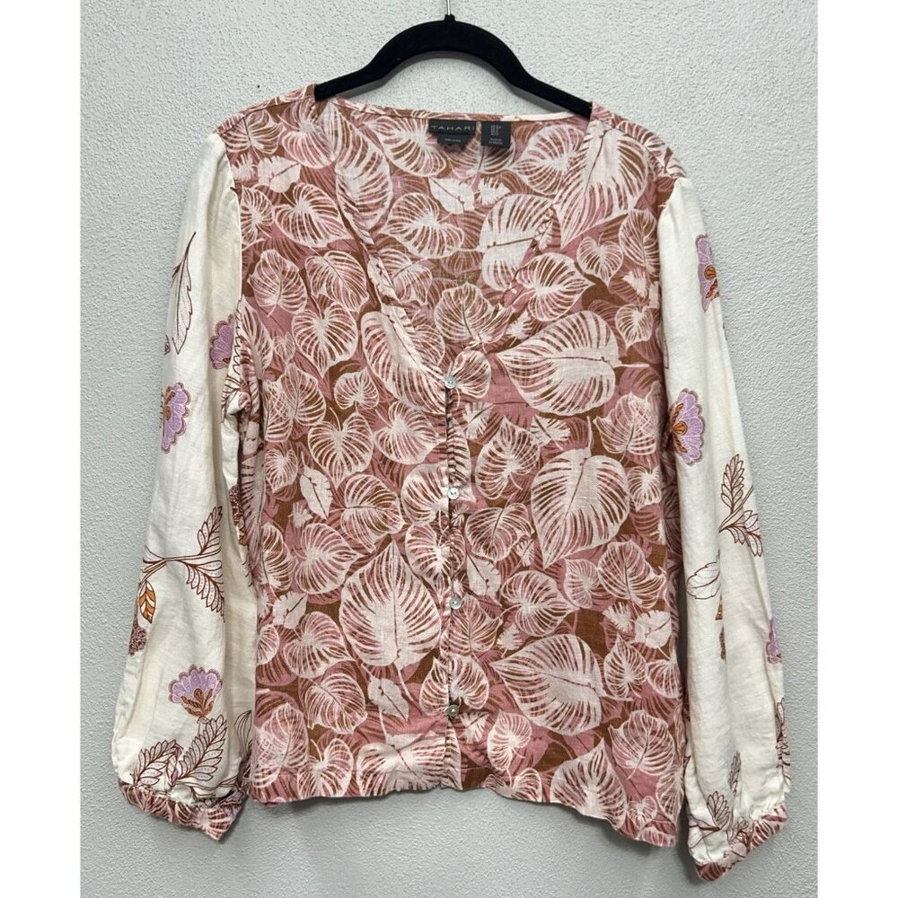 Tahari 100% Linen Floral Top Size Small Ivory & Pink Button Up Cottage Boho